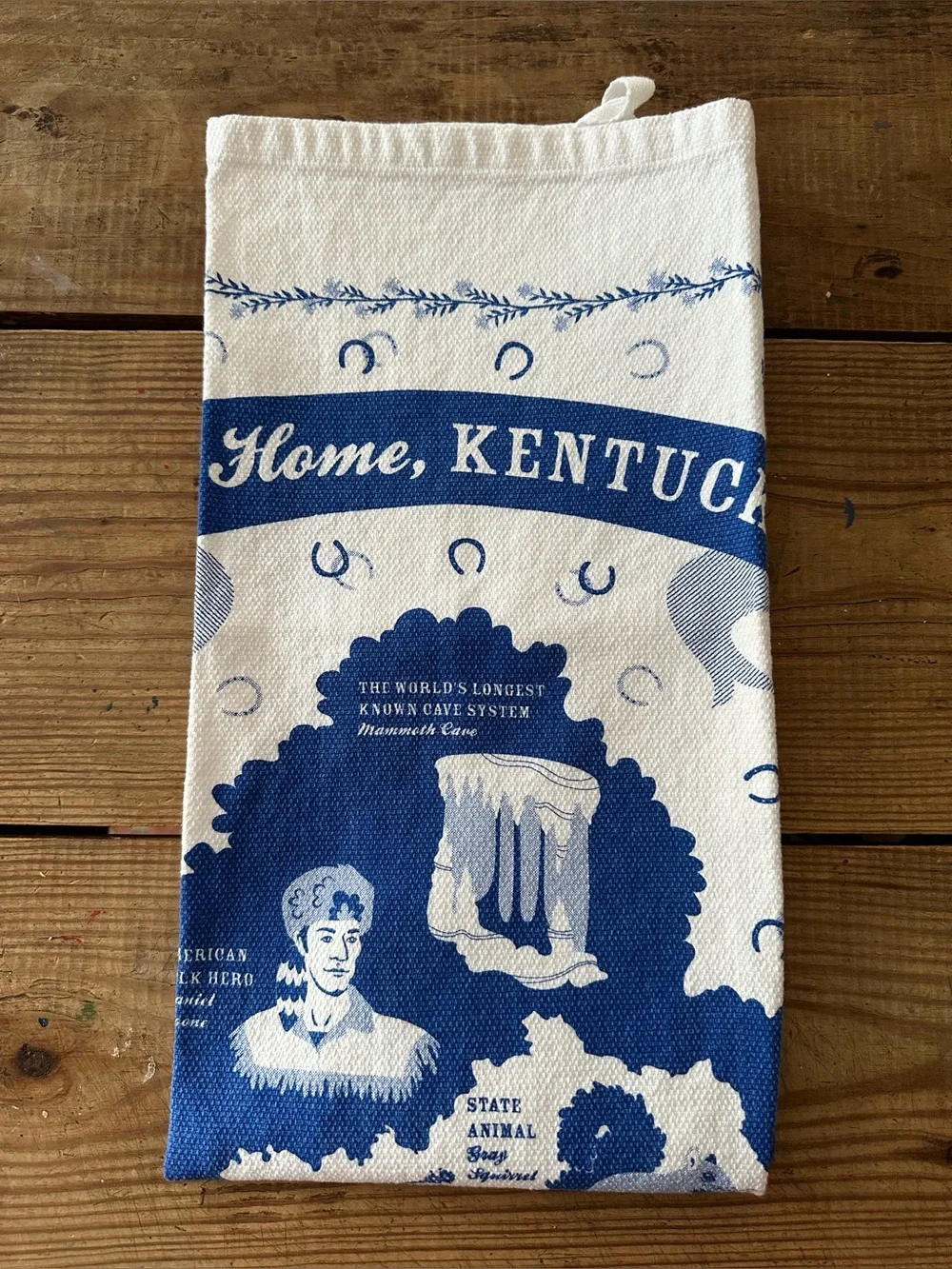 Old Home Kentucky dish towel blue white Daniel Boone horseshoe souvenir novelty